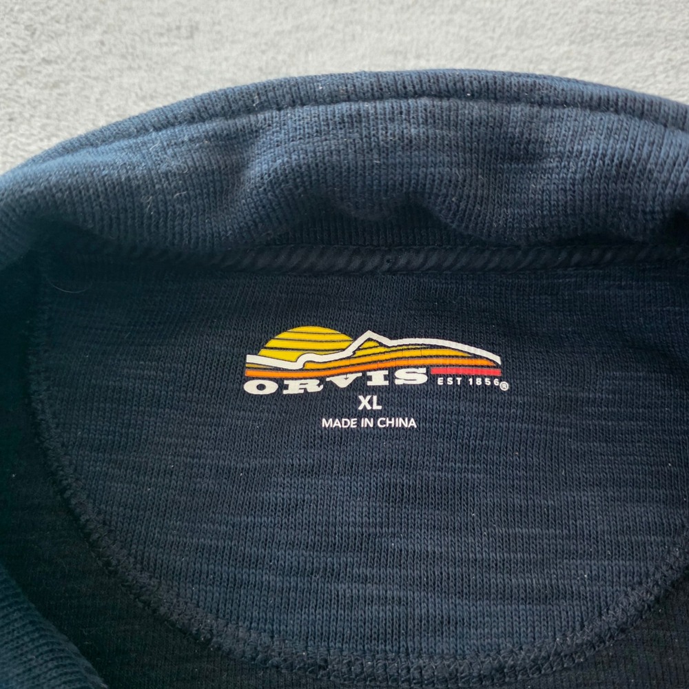 Orvis Mens XL Navy Blue Textured Quarter Zip Pullover Sweater Fish Logo - Picture 3 of 8